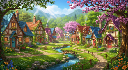 Fairy tale village with colorful cottages, blooming trees, and small bridge over stream. Fantasy landscape illustration for children's book, game background, or puzzle design