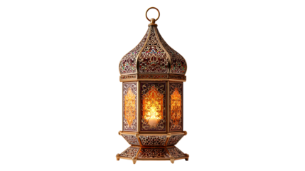 A gold colored lantern with a light inside