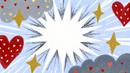 Bursting Star with Hearts and Clouds in a Playful Artistic Style for Creative Backgrounds and Designs