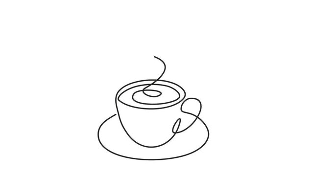 Animated self drawing of continuous line draw cup of tea or coffee. Full length one line animation. 4K