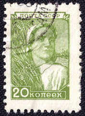 Woman Collective Farmer with a Sheaf on a 1955 USSR postage stamp.