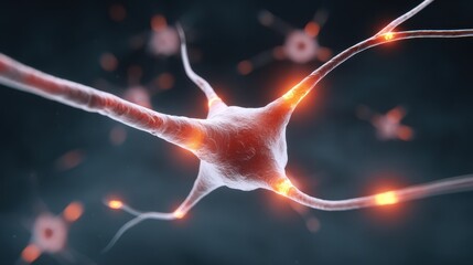 Detailed illustration of a neuron with glowing synapses, representing neural connections and communication in the nervous system.