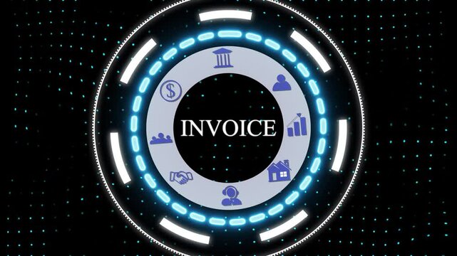 A Invoice button on a clear projection .Blue wave digital data flow. Seamless loop technology network background concept . Futuristic digital technology animated background concept.