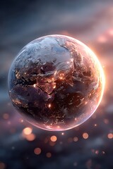 A glowing digital illustration of the Earth with futuristic details