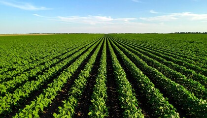 Wide green field, rows of crops