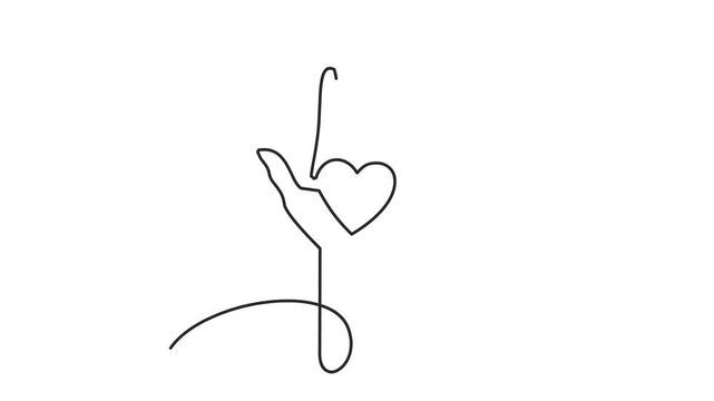 Animated self drawing of continuous line draw hand with heart. Raised hand volunteering concept. International volunteer day. Full length one line animation. 4K