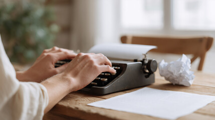 Woman typing on vintage typewriter at wooden desk with crumpled paper. Creative writing, author workspace concept. Retro office equipment for storytelling and journalism.
