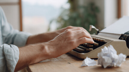 Man typing on vintage typewriter with crumpled paper nearby. Creative writing, author workspace, retro office equipment. Nostalgic literary composition concept