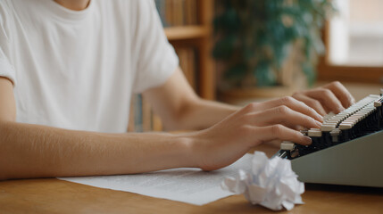Person typing on vintage typewriter with crumpled paper nearby. Retro writing process, creative workspace. Author workspace, old-fashioned communication concept