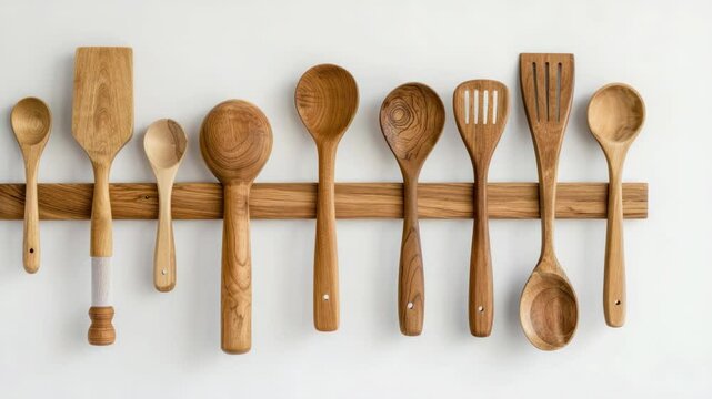 Wooden utensils on a wall rack