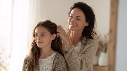 Woman brushing child's long hair at home. Mother-daughter bonding moment. Family care routine. Nurturing relationship. Peaceful morning ritual. Parenting and grooming concept.