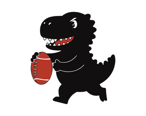 A cartoonish, black silhouette of a dinosaur holding a red rugby ball.