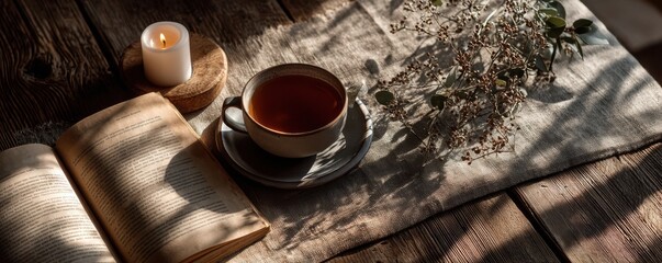 Cozy scene with tea, open book, candlelight, and rustic wooden table
