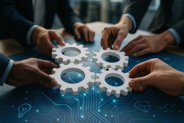 Teamwork Gears of Progress: A close-up shot depicts a team of individuals working together, their hands carefully assembling interlocking gears over a complex digital circuit board.