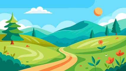 Fototapeta premium A winding path leads through lush green hills under a bright blue sky with fluffy clouds