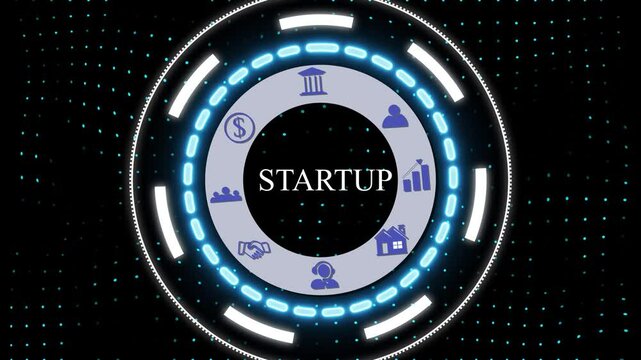 A Startup button on a clear projection ,Business, Technology and network concept. Animated Dynamic wave of color particles. Digital technology background random dot 4K. n