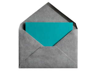 Open Grey Envelope with Teal Card on Blue on white Background