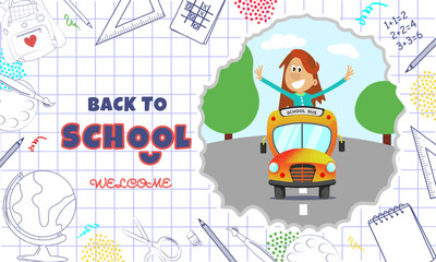 Trendy BACK TO SCHOOL Banner with smiling kid in school bus. Surrounded by school supplies like globe, scissors, pencils and text on squared math notebook background. Cartoon vector illustration.