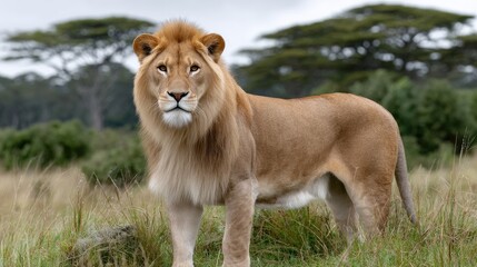 Obraz premium A lion with a magnificent mane gazes into the camera, showcasing its regal presence in the vibrant savannah landscape