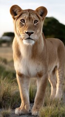 Fototapeta premium A lion with a magnificent mane gazes into the camera, showcasing its regal presence in the vibrant savannah landscape