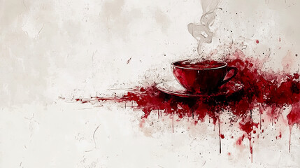 Red coffee cup on saucer, accompanied by intense paint splatters and artistic steam Generated with AI