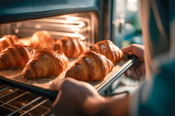 Woman taking baking tray with fresh croissants out of oven