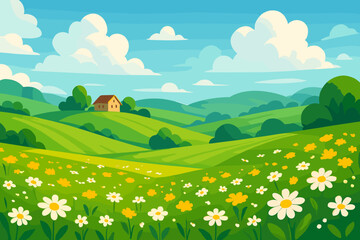 Fototapeta premium Idyllic Spring Landscape Vector Illustration of Rolling Green Hills, Wildflower Meadows, Blue Sky, Fluffy Clouds, Countryside Farmhouse, Nature Scenery, Rural Field, Blooming Flowers