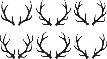 Collection of six black deer antler silhouettes arranged in two rows isolated on transparent background