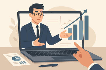 Online business consultant advisor presenting strategy analysis, virtual meeting, financial growth report, remote conference, expert advice, digital marketing, laptop screen
