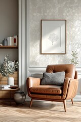 Stylish living room with leather armchair and geometric patterned wallpaper