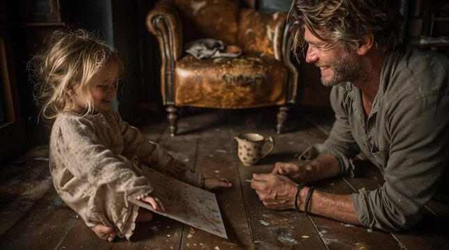 Shy child beams while offering handmade glitter-card to kneeling father in golden afternoon light