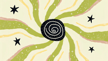 Abstract Cosmic Burst with Swirling Center and Star Accents in Green and Yellow Hues for Artistic Designs