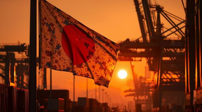 Japanese flag of crimson silk and gold thread dominates shipping terminal at sunset