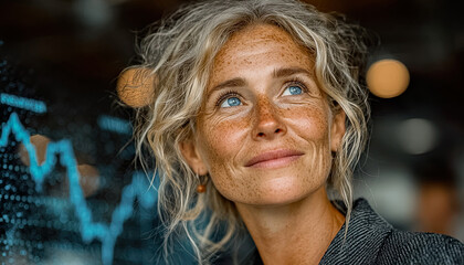 Portrait of a freckled woman with hopeful gaze in front of data chart in a corporate setting Generated with AI