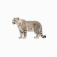 Naklejka premium Cheetah Profile: A majestic cheetah, showcasing its distinctive spotted coat and lean muscular build, stands alert, its gaze fixed on the horizon.