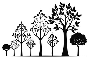 Assortment of Black Silhouette Tree Illustrations Featuring Different Shapes and Sizes, Isolated Against White
