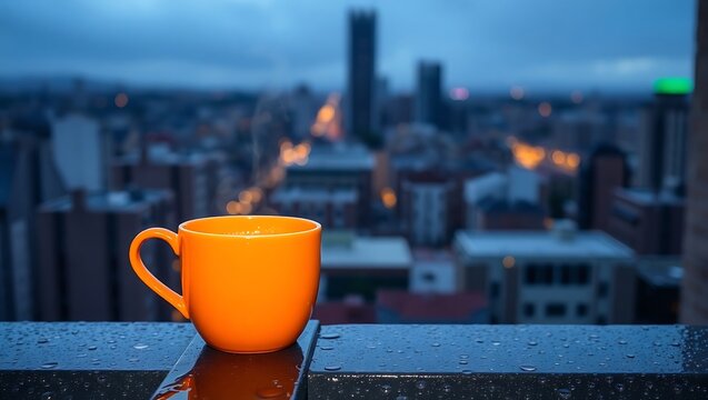 Orange mug with coffee on a rainy balcony overlooking a blurred city skyline at dusk in the evening