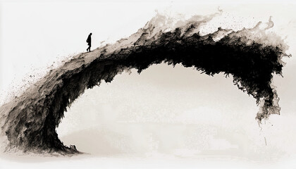 Silhouette walking on organic arch of black strokes and ethereal mists in a minimalist monochrome landscape Generated with AI
