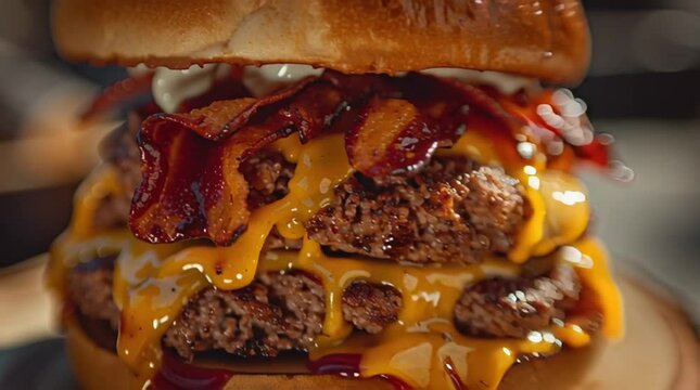 burger strong zoom in transition to crispy bacon on macro levelSeamless zoom transition from juicy burger to extreme macro of crispy bacon texture