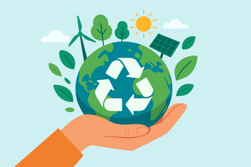 Hand Holding Earth with Recycle Symbol, Renewable Energy, Solar Panel, Wind Turbine, Trees, Sun, Eco Friendly, Sustainability, Climate Change, Environmental Protection Vector