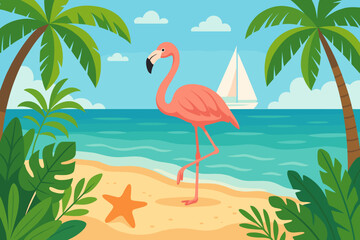 Tropical Beach Flamingo Paradise, Palm Trees, Sailboat, Starfish, Exotic Leaves, Summer Vacation, Seaside Landscape, Pink Flamingo, Ocean Coast, Relaxation, Vector Illustration