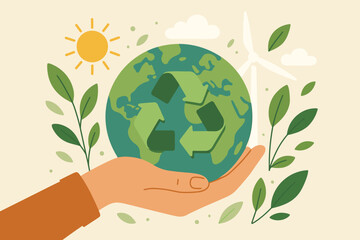 Sustainable Earth Care Concept. Hand Holding Globe with Recycle Symbol. Renewable Energy, Green Leaves, Sun, Wind Turbine. Climate Change, Ecology, Environmental Protection