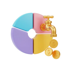 3D cash flow concept. Money faucet on a pie chart for revenue and dividend distribution. Isolated on transparent background, png