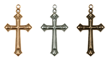  gold silver bronze metal christian cross isolated on white background PNG , AI GENERATED