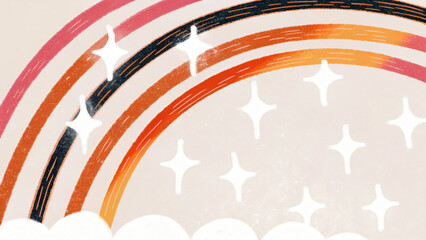 Whimsical Rainbow Arch with Sparkling Stars and Fluffy Clouds Illustration for Children's Decor and Playful Designs