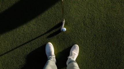 The golfer's perspective showcasing a ball and club on the green.
