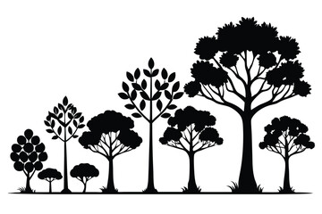 Black Silhouette Trees Landscape Diverse Forest Shapes, Simple Nature Illustration, Minimalist Design
