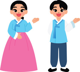 happy Korean children wear traditional hanbok costume for chusoek day, smile man and woman cartoon character presenting hand, pointing hand illustration