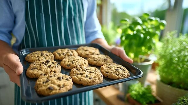 Person holding a tray with perfectly baked chocolate chip cookies arranged in neat rows, kitchen background with potted herbs and soft morning light streaming in through windows