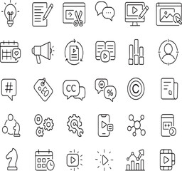 Collection of modern digital marketing and business icons representing ideas content creation communication analytics and strategy in a clean outline style